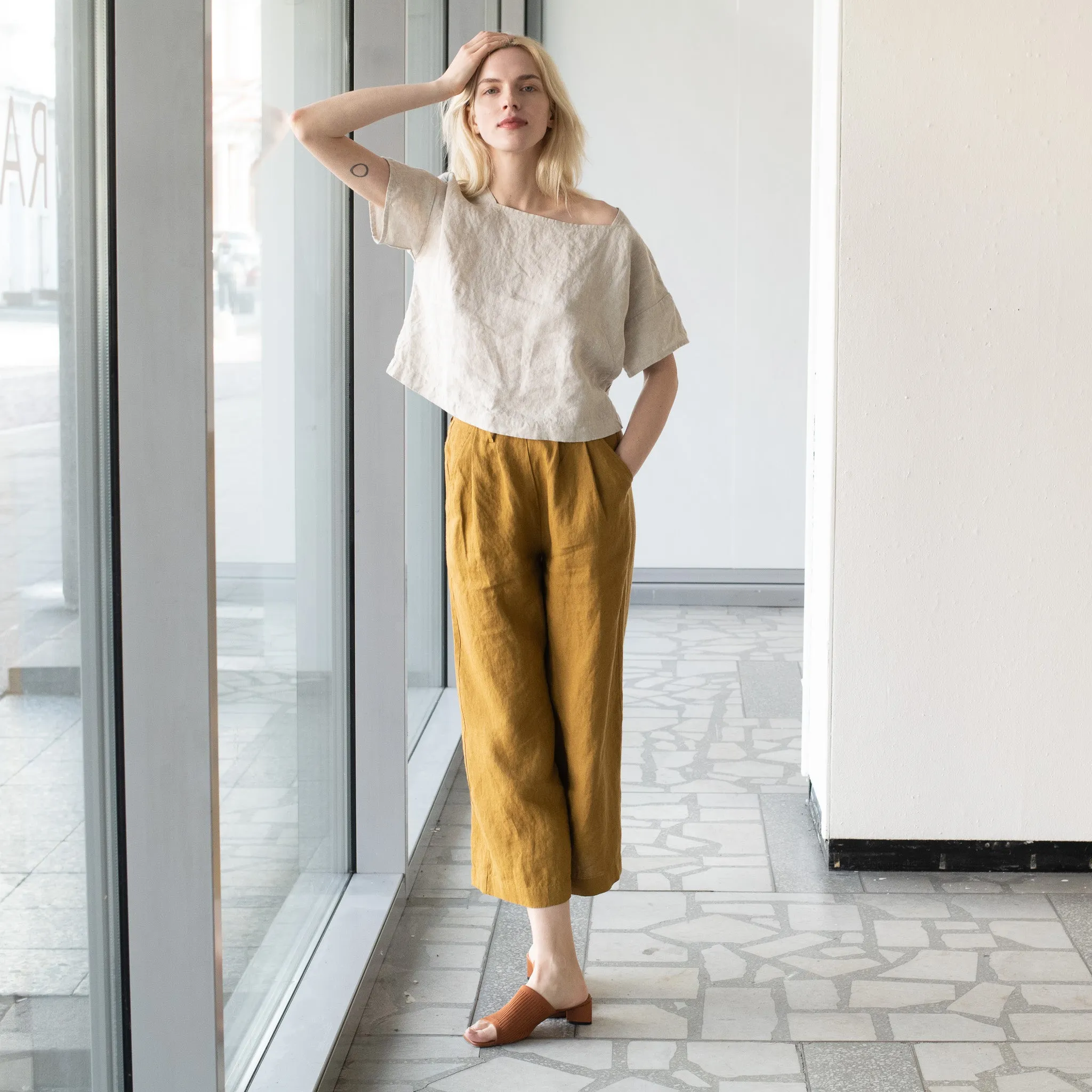 R: ORLEANS pleated front wide leg linen pants (Size: XS; Color: Dark-Grey-Blue)