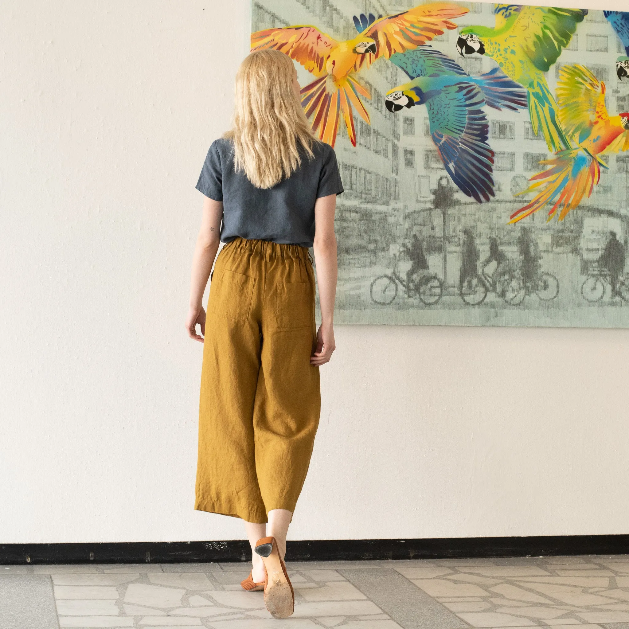 R: ORLEANS pleated front wide leg linen pants (Size: XS; Color: Dark-Grey-Blue)