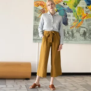 R: ORLEANS pleated front wide leg linen pants (Size: XS; Color: Dark-Grey-Blue)