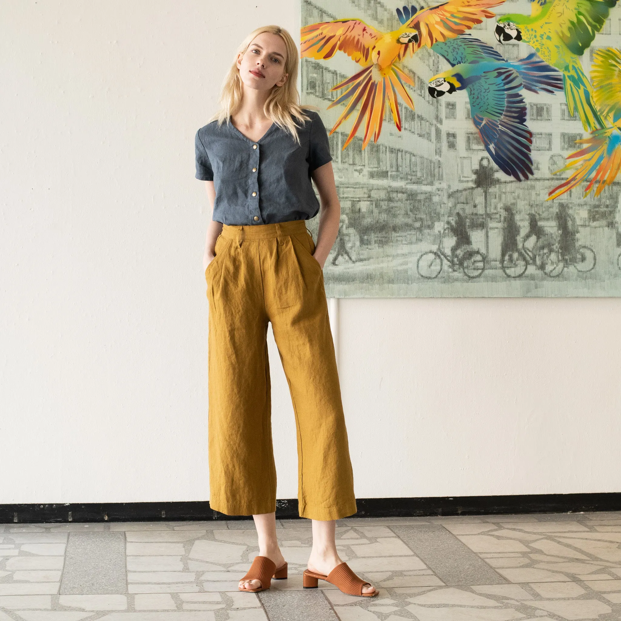 R: ORLEANS pleated front wide leg linen pants (Size: XS; Color: Dark-Grey-Blue)