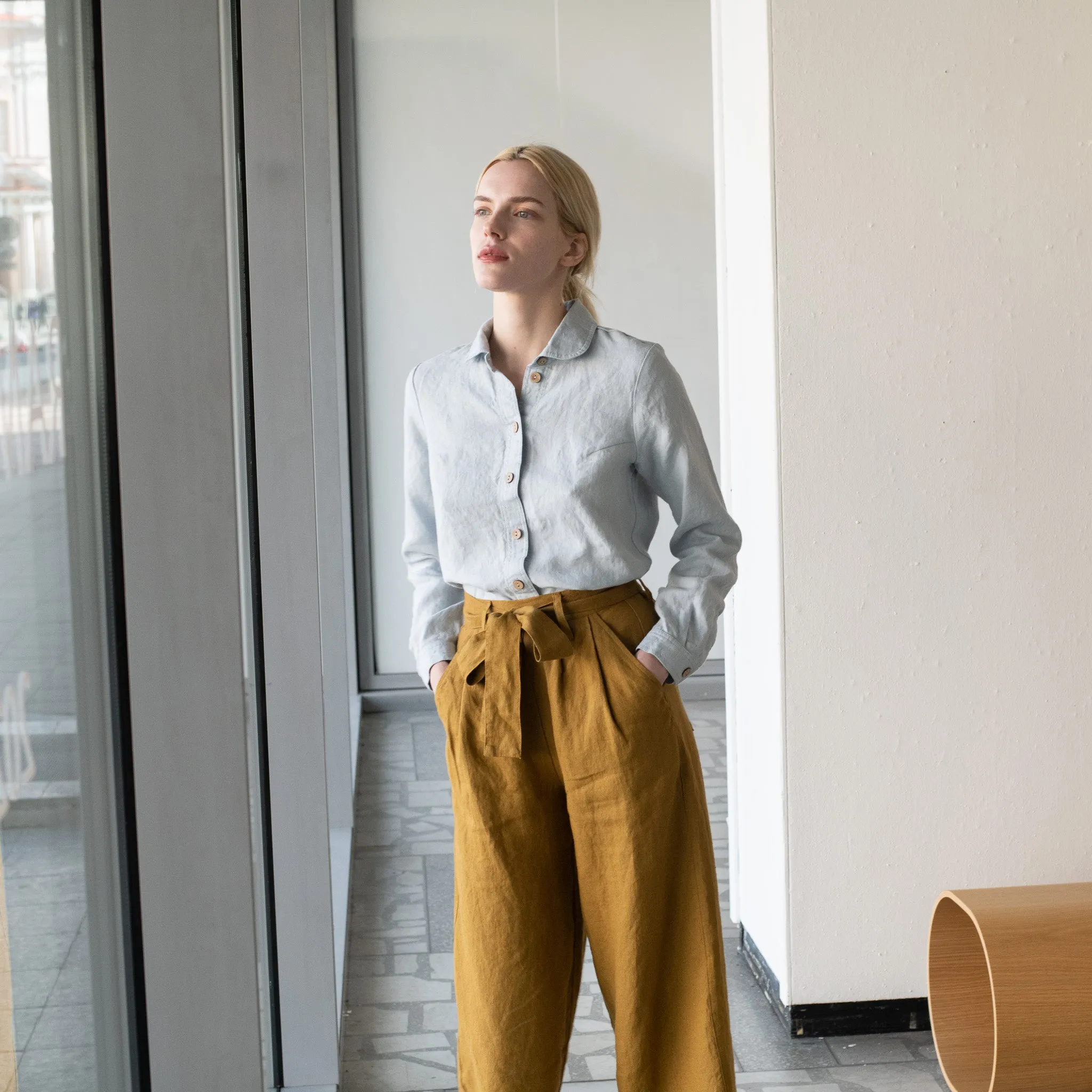 R: ORLEANS pleated front wide leg linen pants (Size: XS; Color: Dark-Grey-Blue)