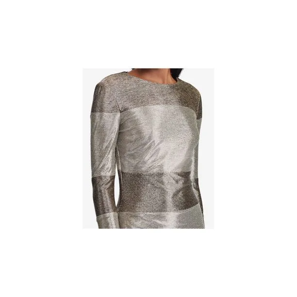 Ralph Lauren Womens Gold Sequined Striped Long Sleeve Jewel Neck Above The Knee Sheath Party Dress