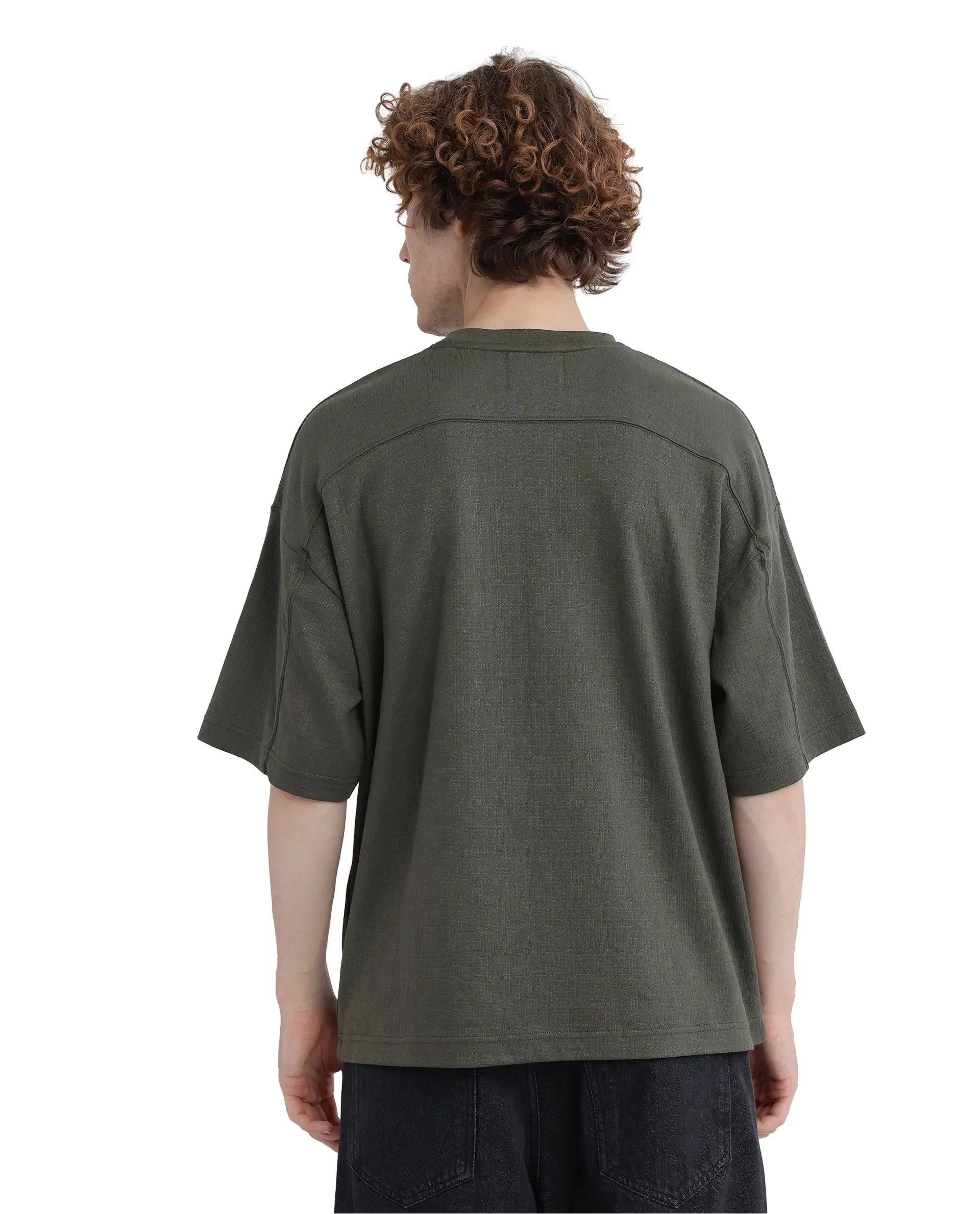 Rare Rabbit Men Kelos Olive Cotton Poly Fabric Short Sleeve Crew Neck Oversized Fit Cut and Sew T-Shirt
