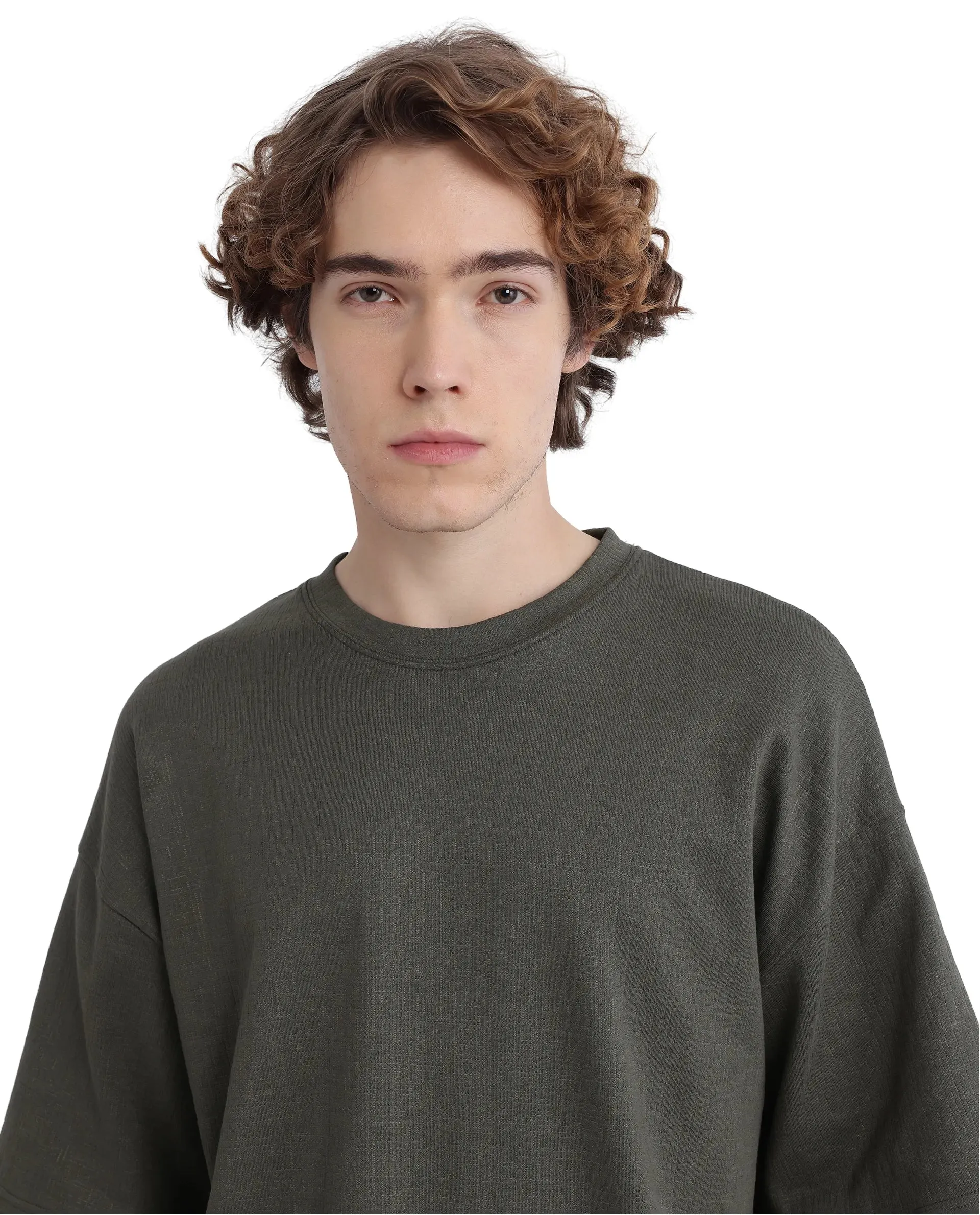 Rare Rabbit Men Kelos Olive Cotton Poly Fabric Short Sleeve Crew Neck Oversized Fit Cut and Sew T-Shirt