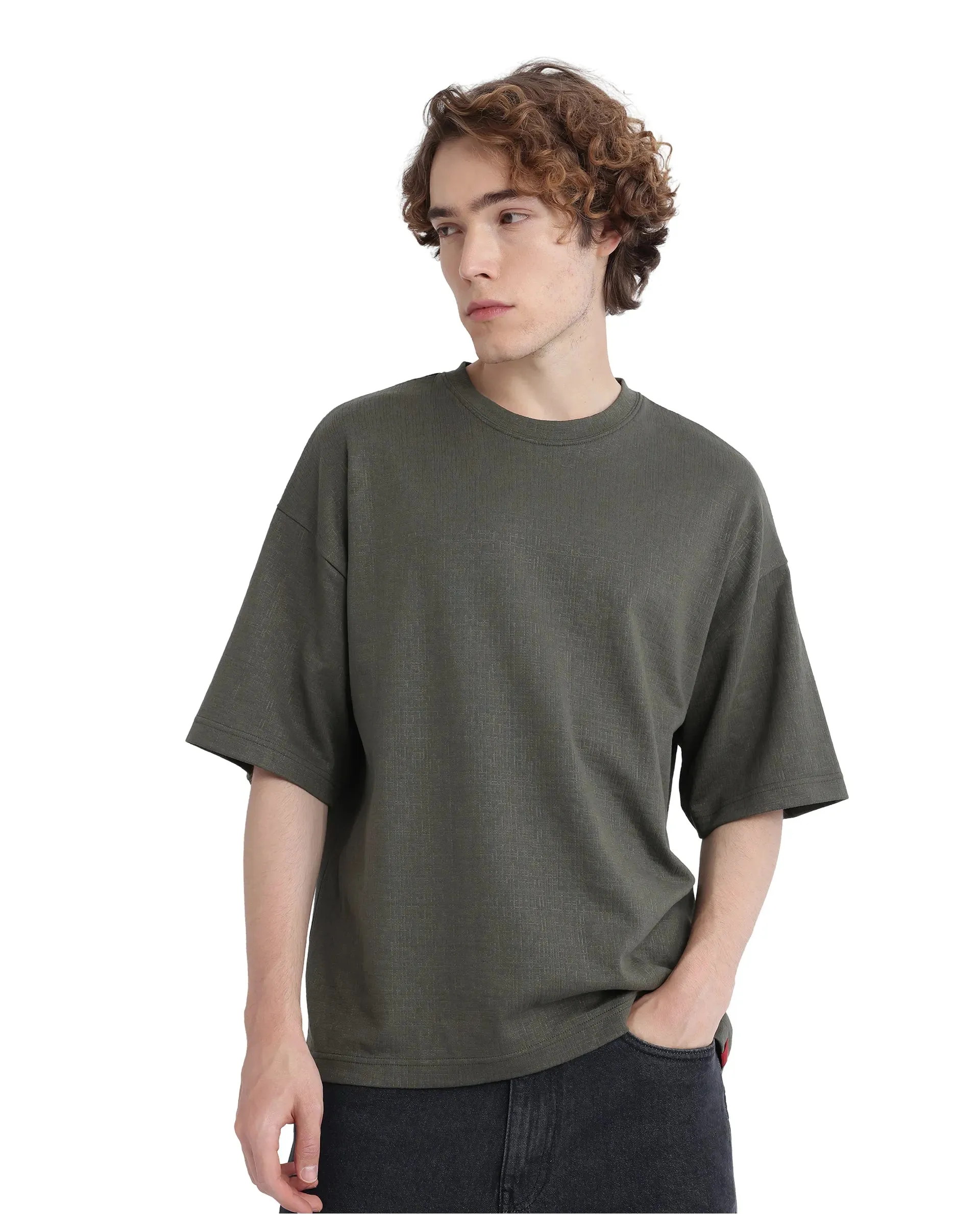 Rare Rabbit Men Kelos Olive Cotton Poly Fabric Short Sleeve Crew Neck Oversized Fit Cut and Sew T-Shirt