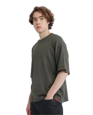 Rare Rabbit Men Kelos Olive Cotton Poly Fabric Short Sleeve Crew Neck Oversized Fit Cut and Sew T-Shirt