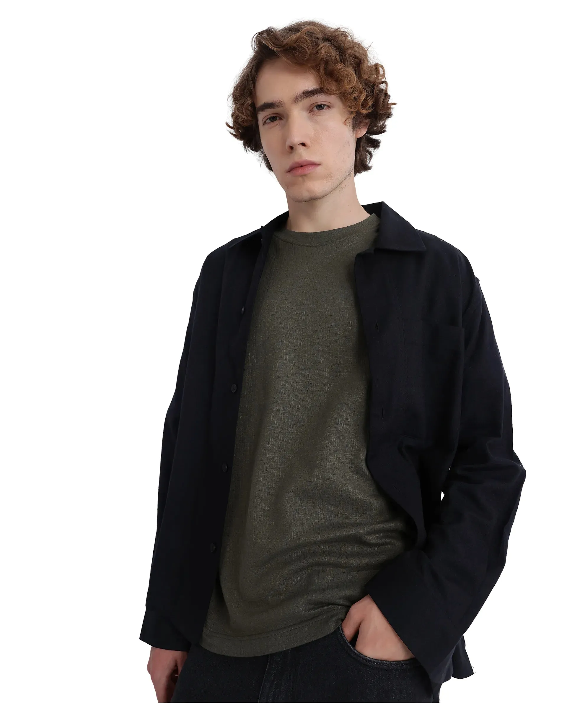 Rare Rabbit Men Kelos Olive Cotton Poly Fabric Short Sleeve Crew Neck Oversized Fit Cut and Sew T-Shirt