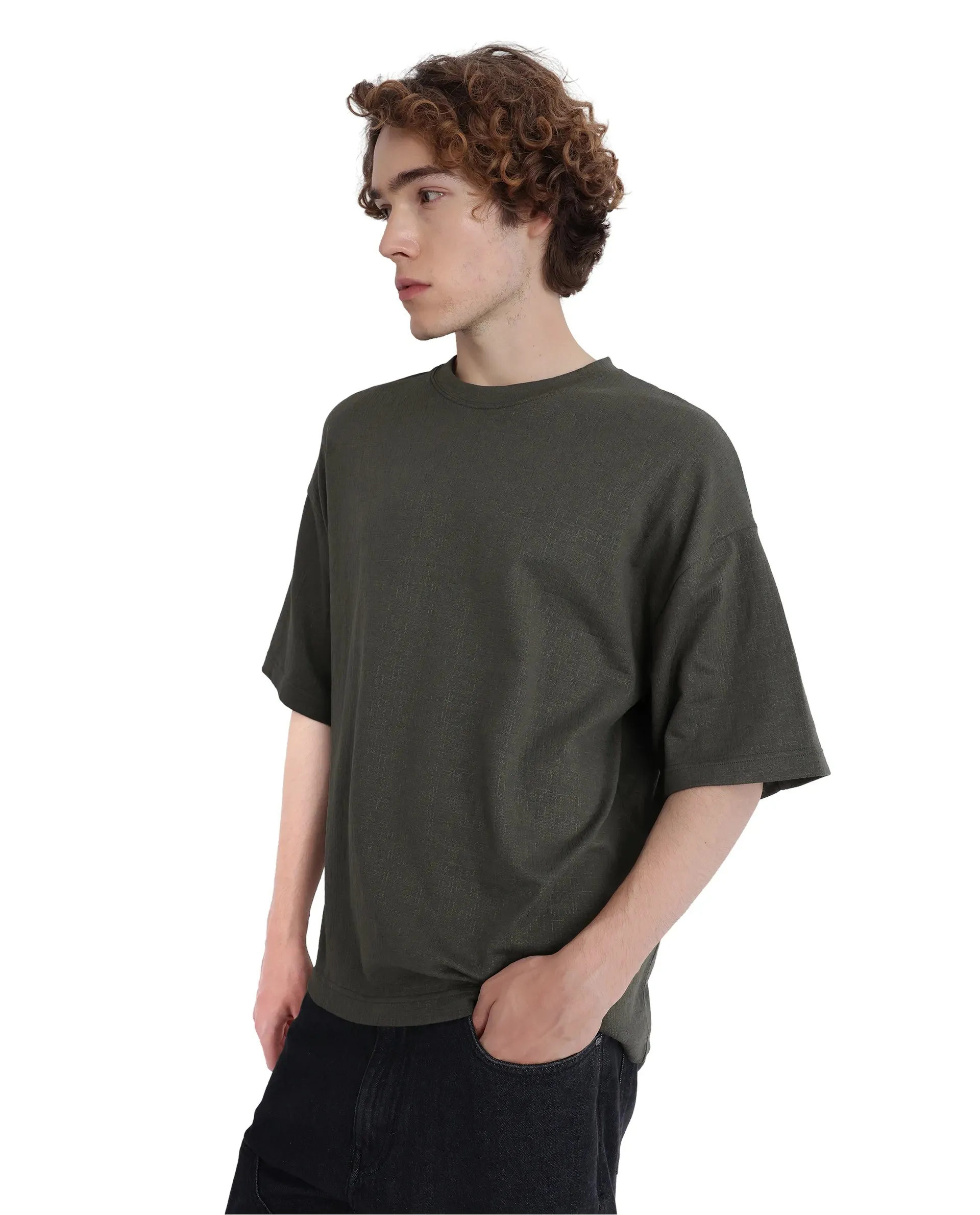 Rare Rabbit Men Kelos Olive Cotton Poly Fabric Short Sleeve Crew Neck Oversized Fit Cut and Sew T-Shirt