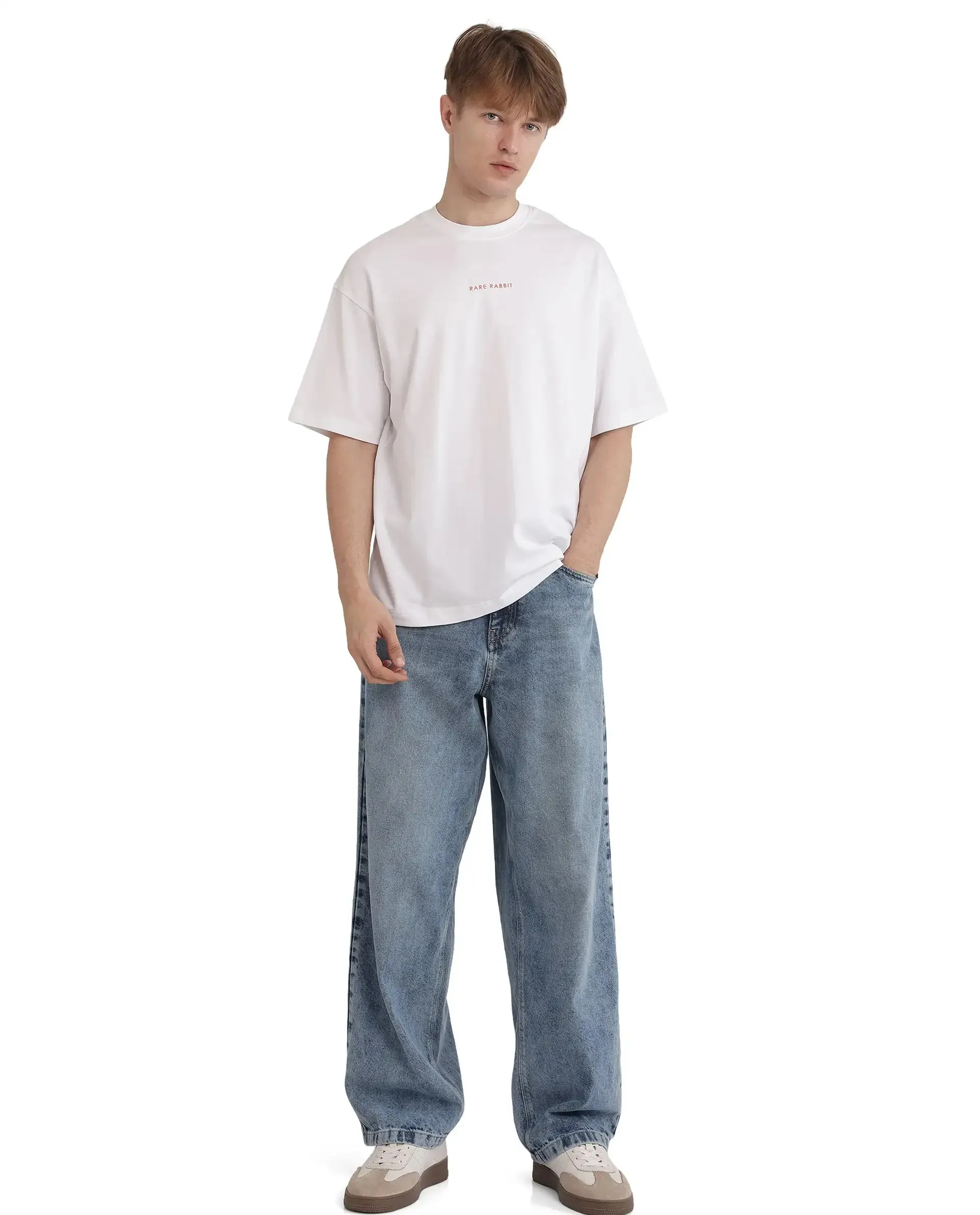 Rare Rabbit Men Len White Cotton Fabric Short Sleeve Crew Neck Slip-On Oversized Fit Typography Backprint T-Shirt