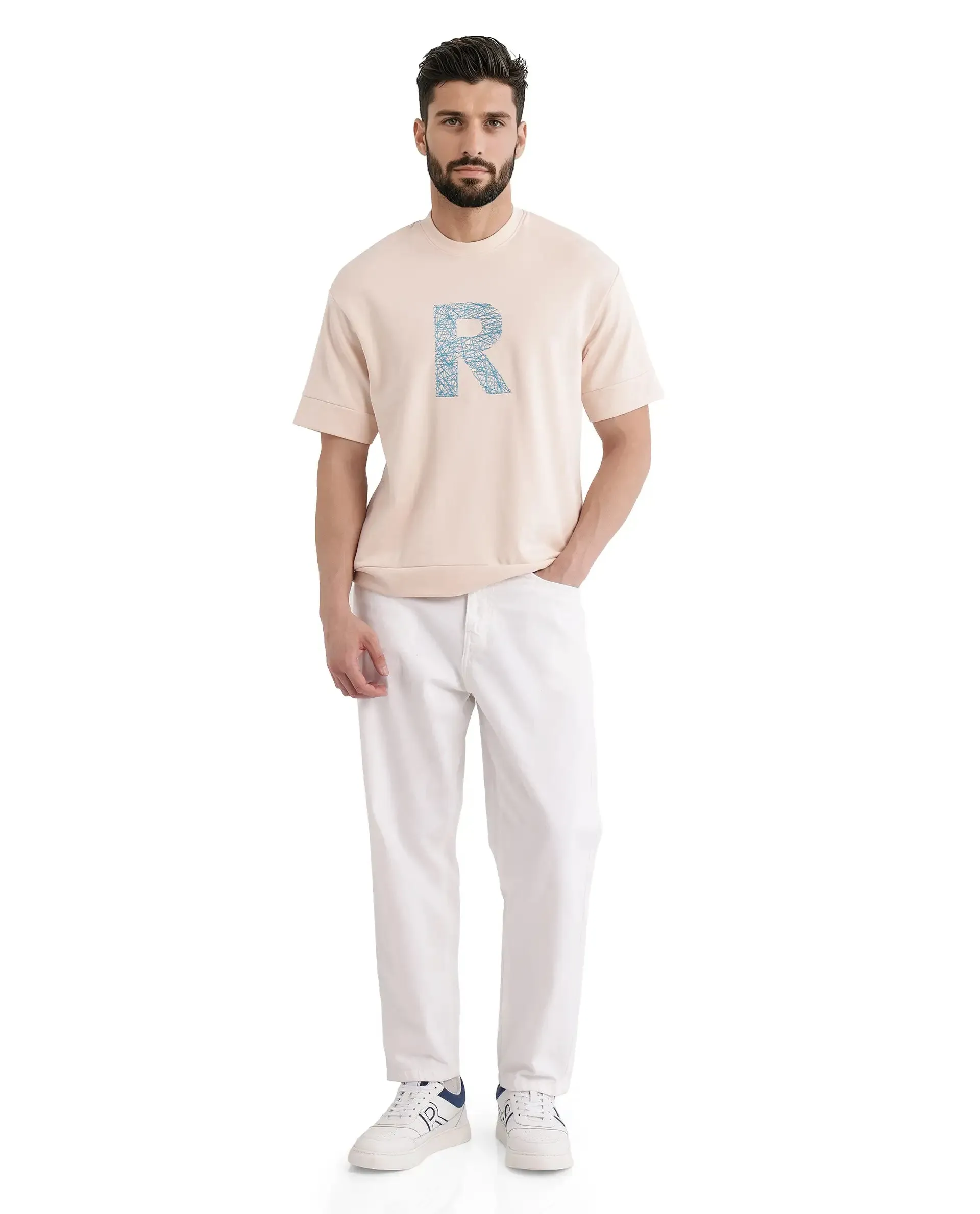 Rare Rabbit Men Vexi Pastel Orange Cotton Poly Fabric Short Sleeve Crew Neck Embroidered T-Shirt