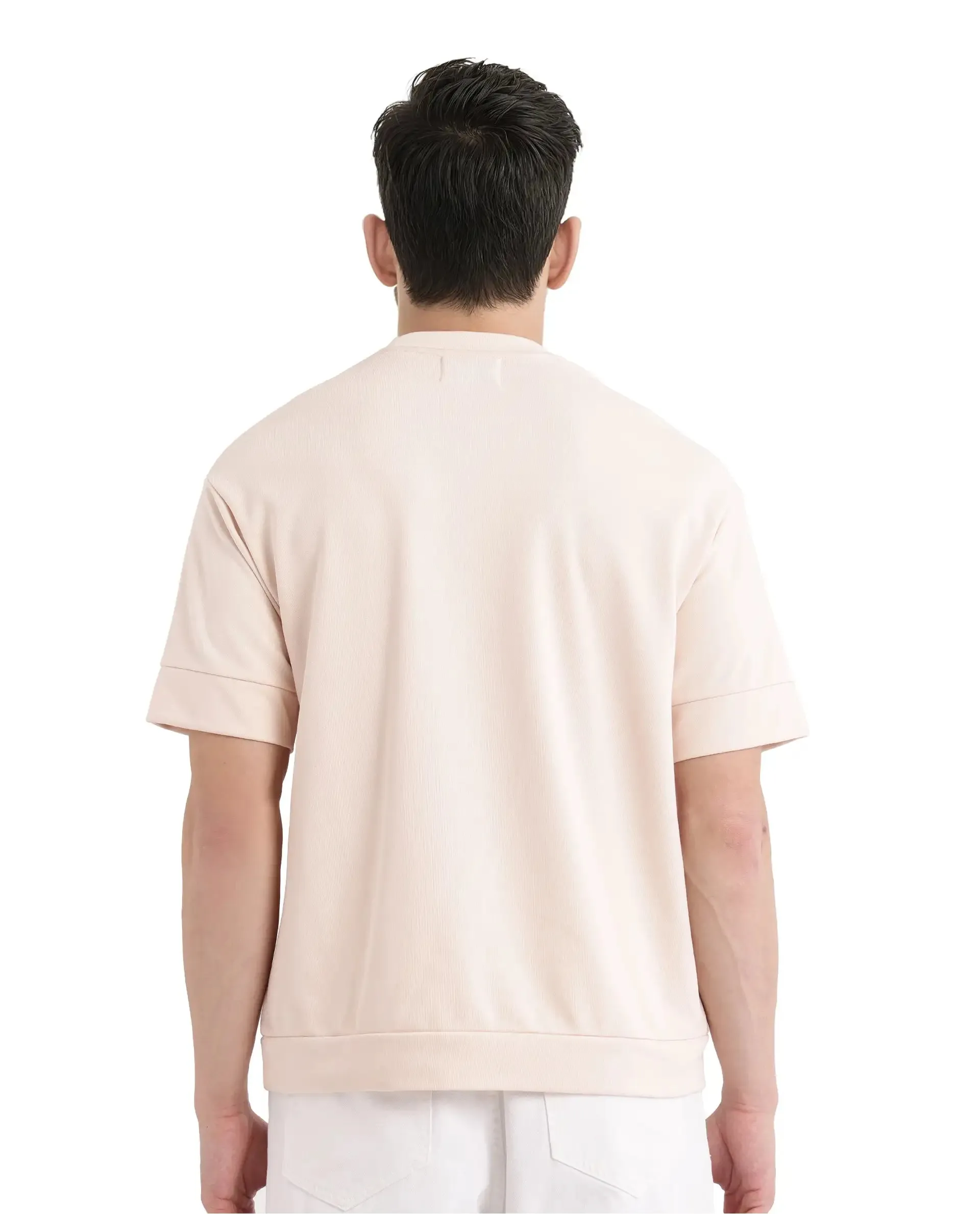Rare Rabbit Men Vexi Pastel Orange Cotton Poly Fabric Short Sleeve Crew Neck Embroidered T-Shirt