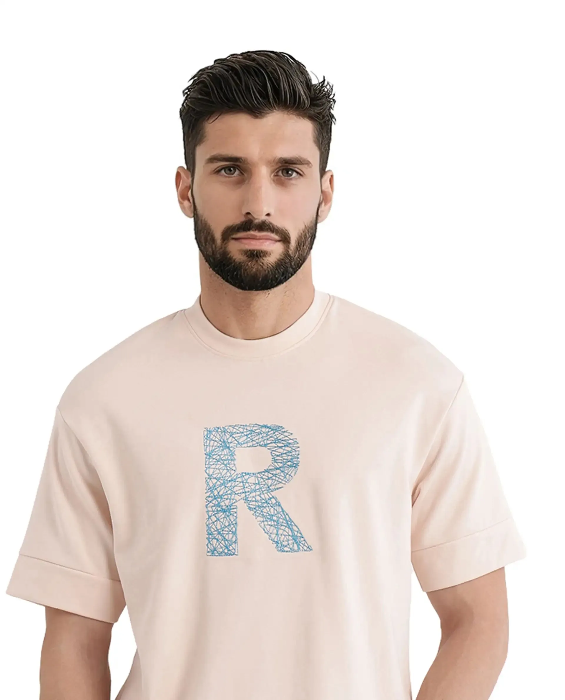 Rare Rabbit Men Vexi Pastel Orange Cotton Poly Fabric Short Sleeve Crew Neck Embroidered T-Shirt