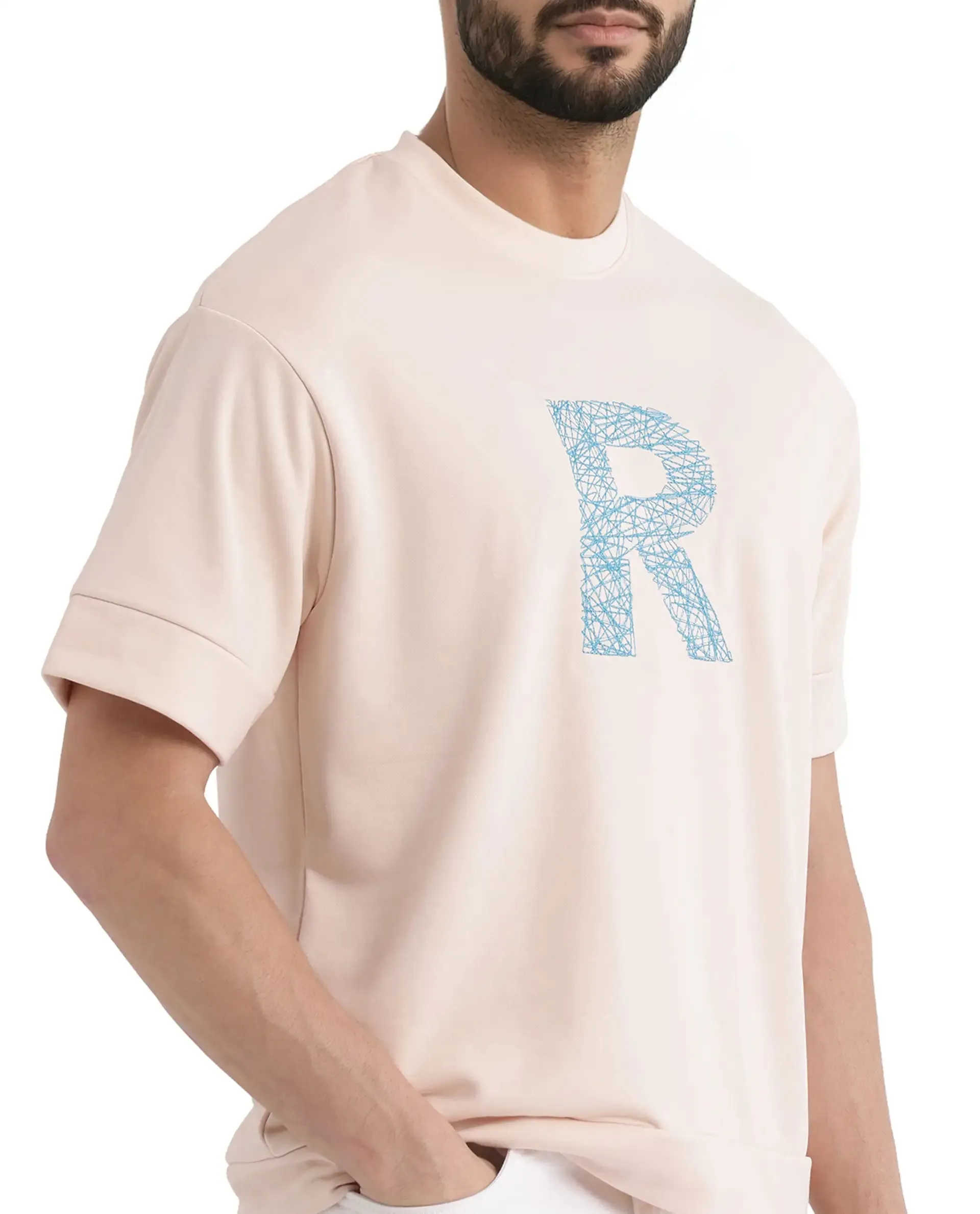 Rare Rabbit Men Vexi Pastel Orange Cotton Poly Fabric Short Sleeve Crew Neck Embroidered T-Shirt