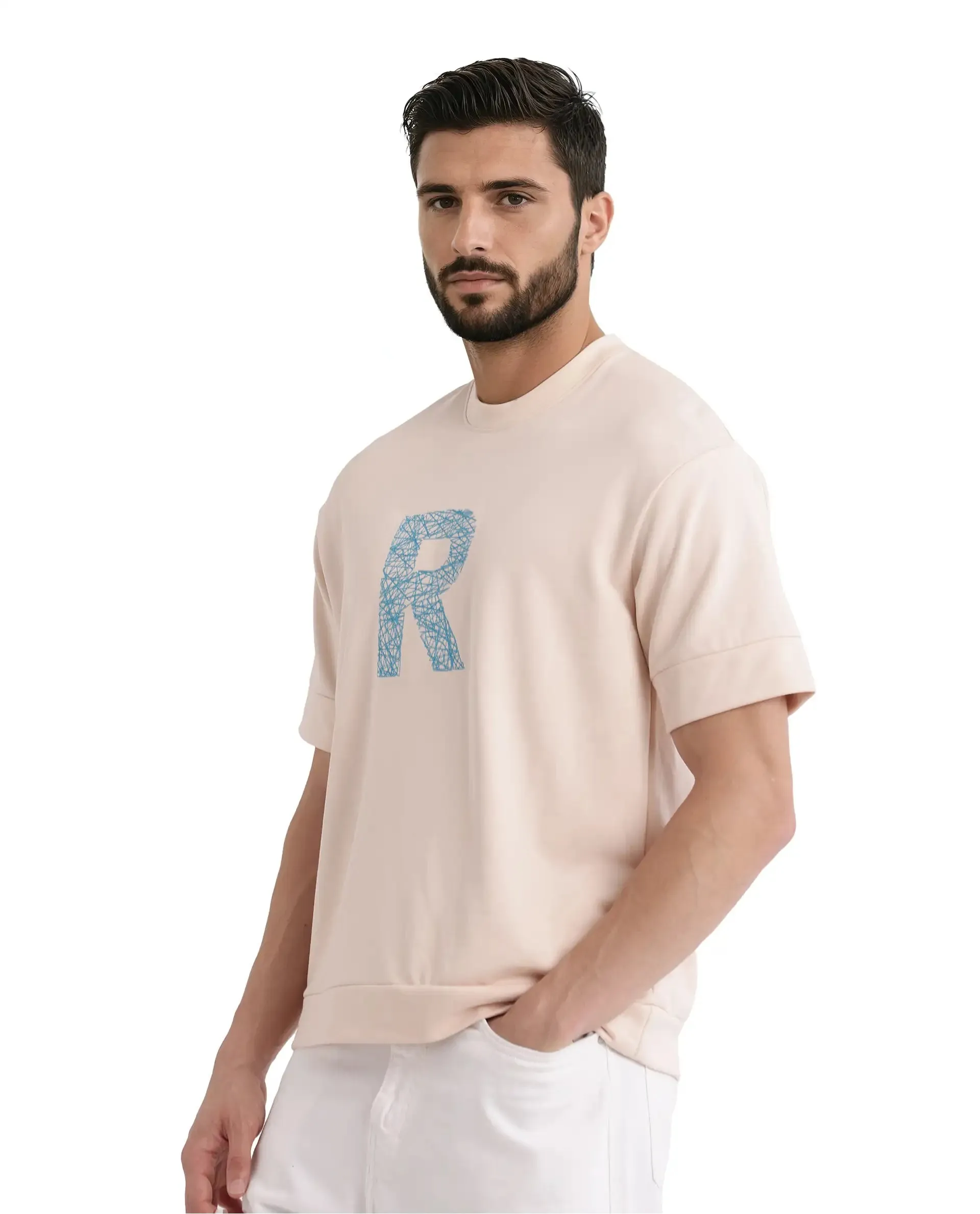Rare Rabbit Men Vexi Pastel Orange Cotton Poly Fabric Short Sleeve Crew Neck Embroidered T-Shirt