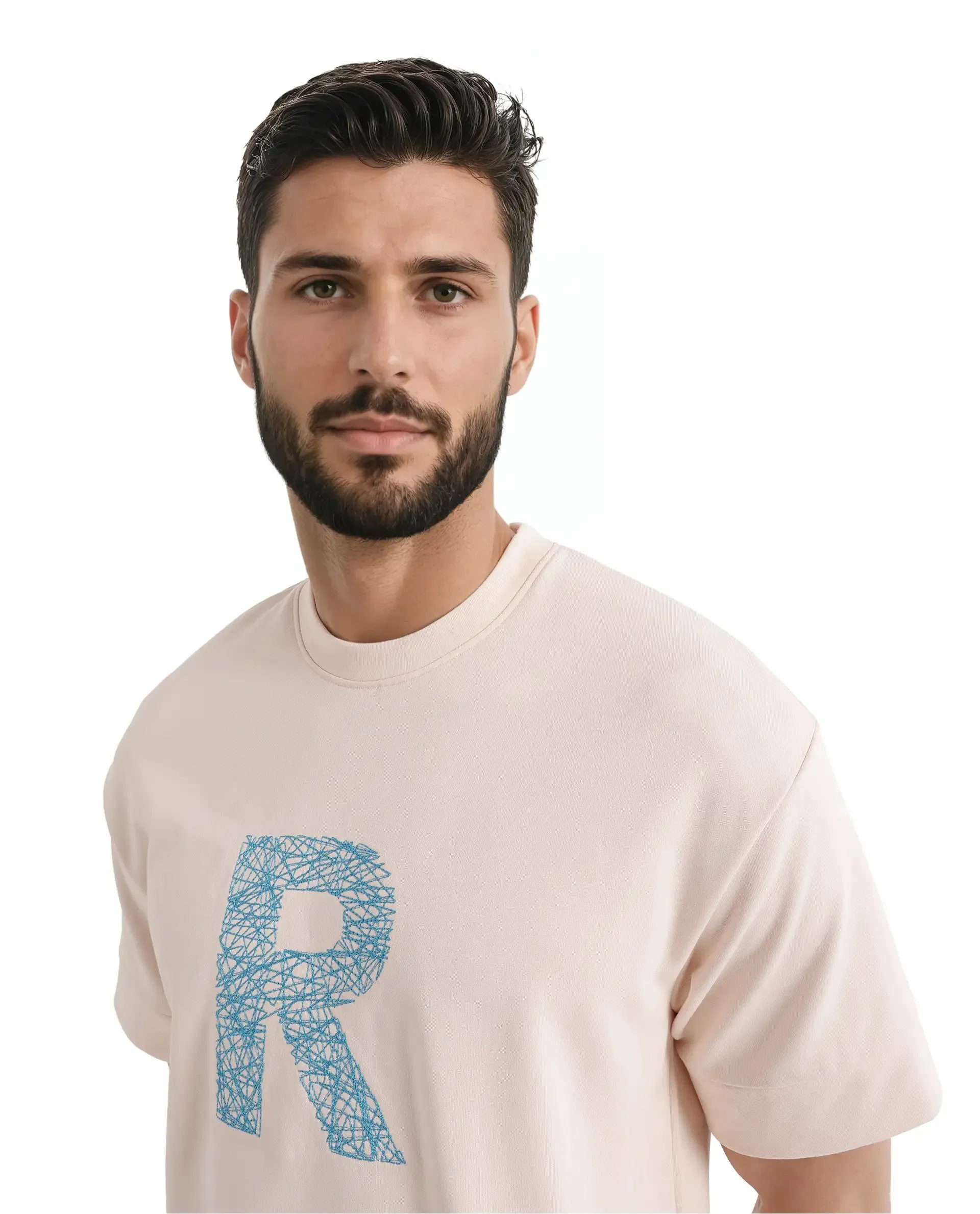 Rare Rabbit Men Vexi Pastel Orange Cotton Poly Fabric Short Sleeve Crew Neck Embroidered T-Shirt