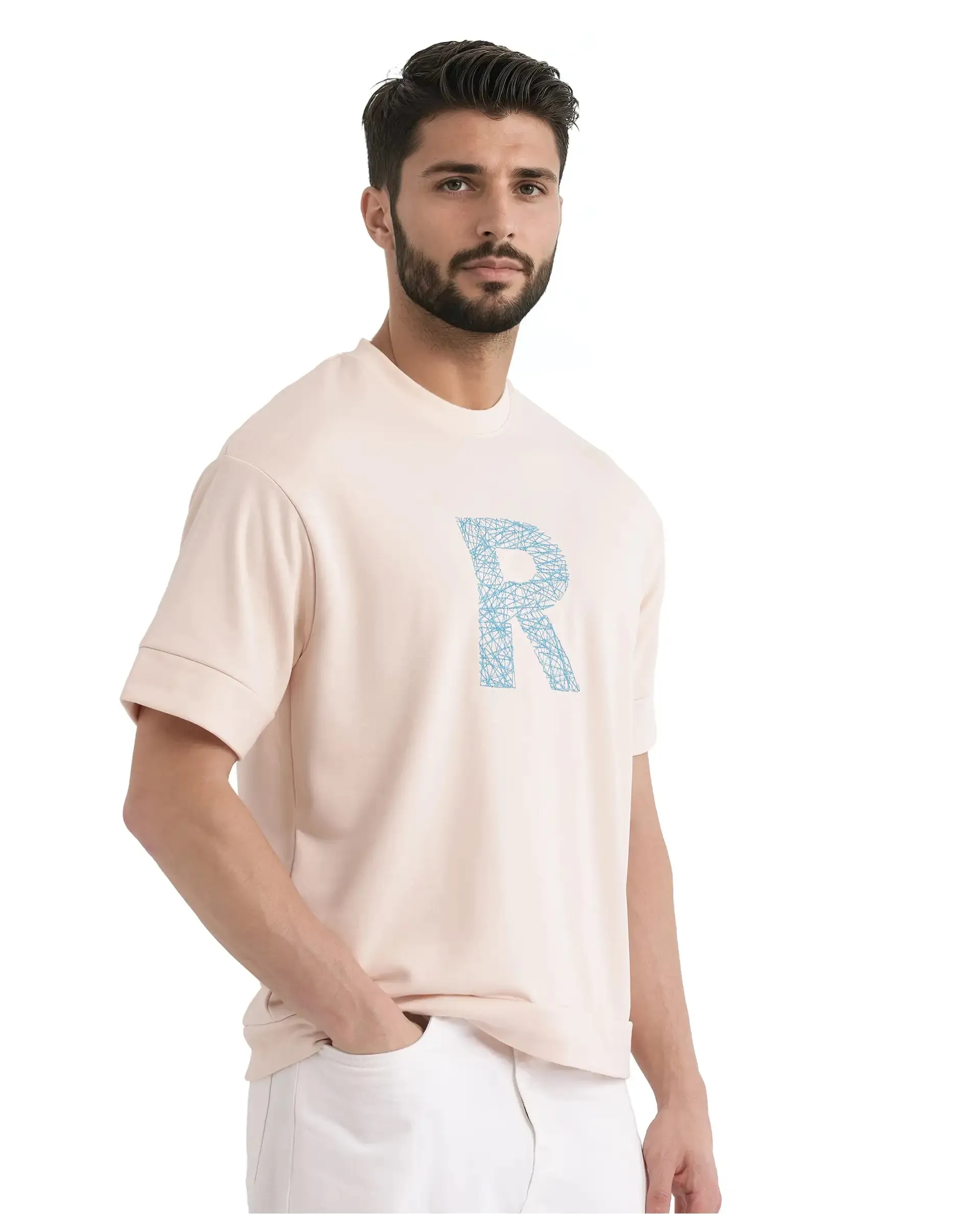 Rare Rabbit Men Vexi Pastel Orange Cotton Poly Fabric Short Sleeve Crew Neck Embroidered T-Shirt