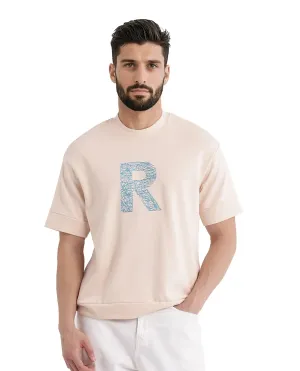 Rare Rabbit Men Vexi Pastel Orange Cotton Poly Fabric Short Sleeve Crew Neck Embroidered T-Shirt