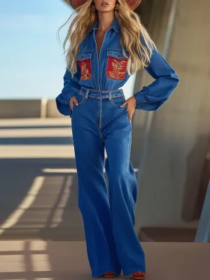 Retro Casual Fashionable Color Matching Pocket Denim Wide-Leg Jumpsuit