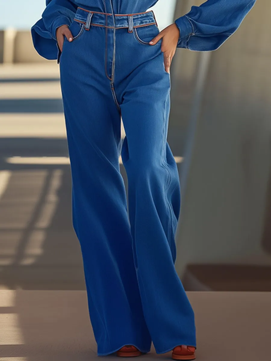 Retro Casual Fashionable Color Matching Pocket Denim Wide-Leg Jumpsuit