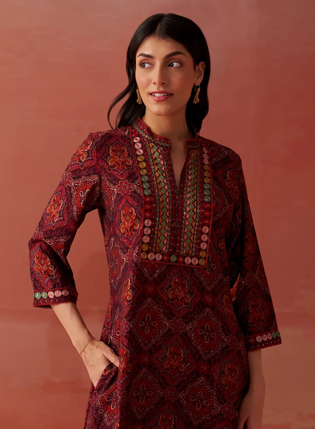 Samiya Wine Printed Chanderi Kurta