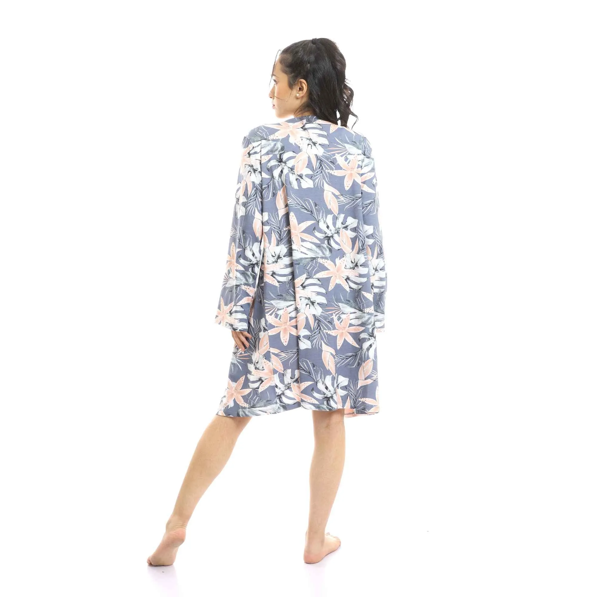 Simon Solid Short Nightgown & Colorful Floral Robe Set