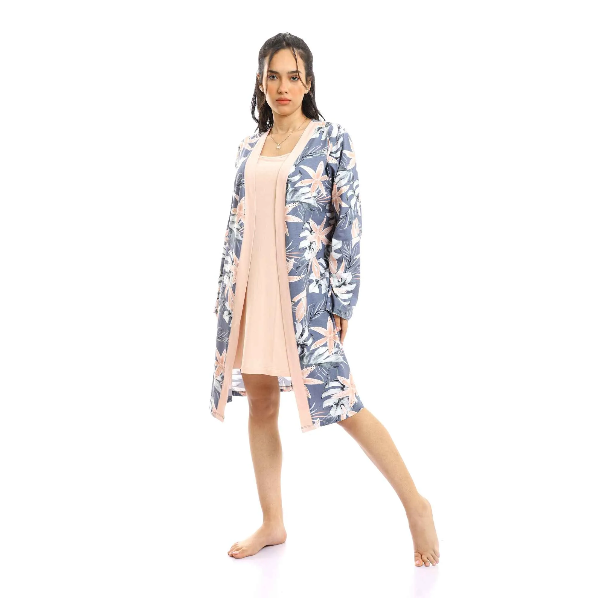 Simon Solid Short Nightgown & Colorful Floral Robe Set