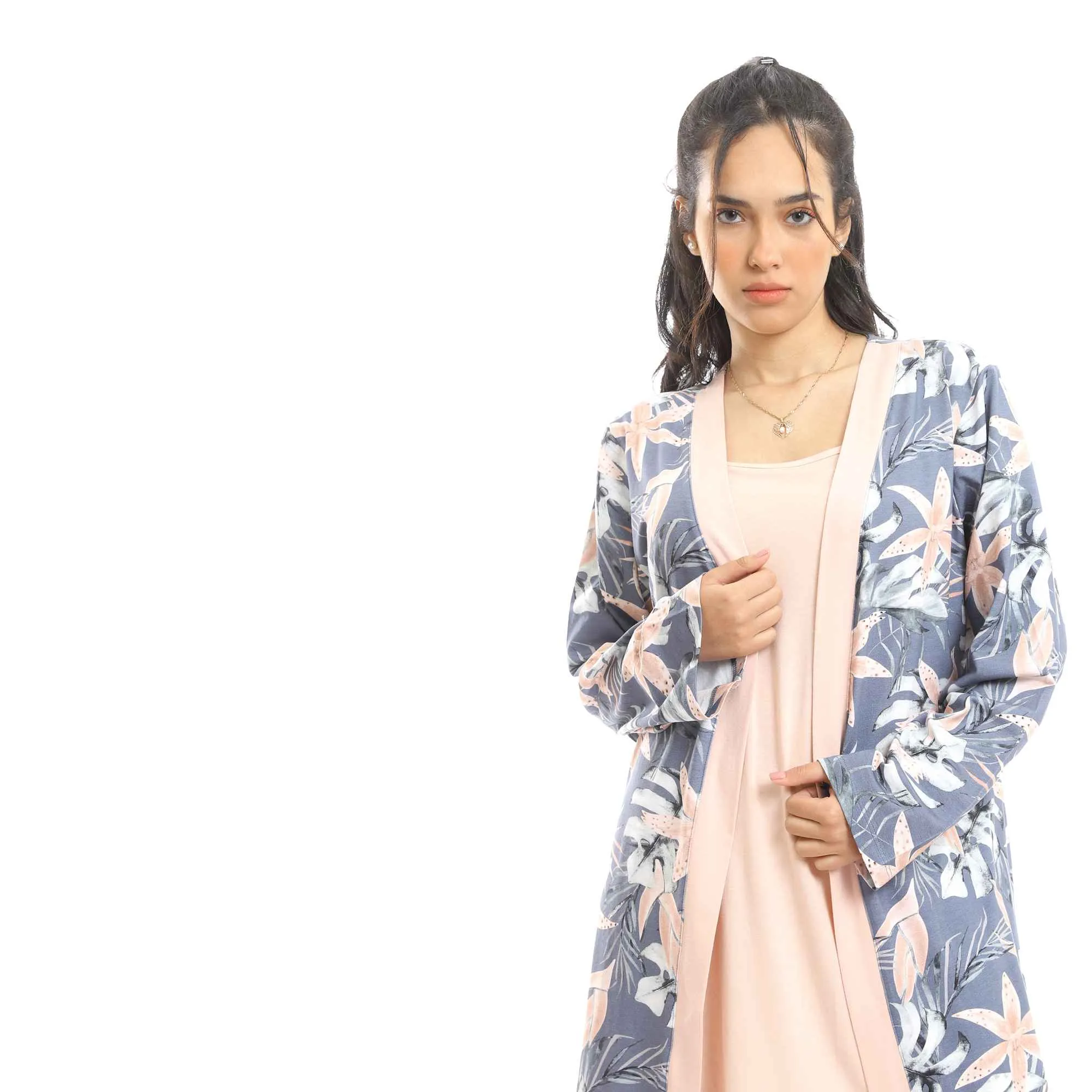 Simon Solid Short Nightgown & Colorful Floral Robe Set