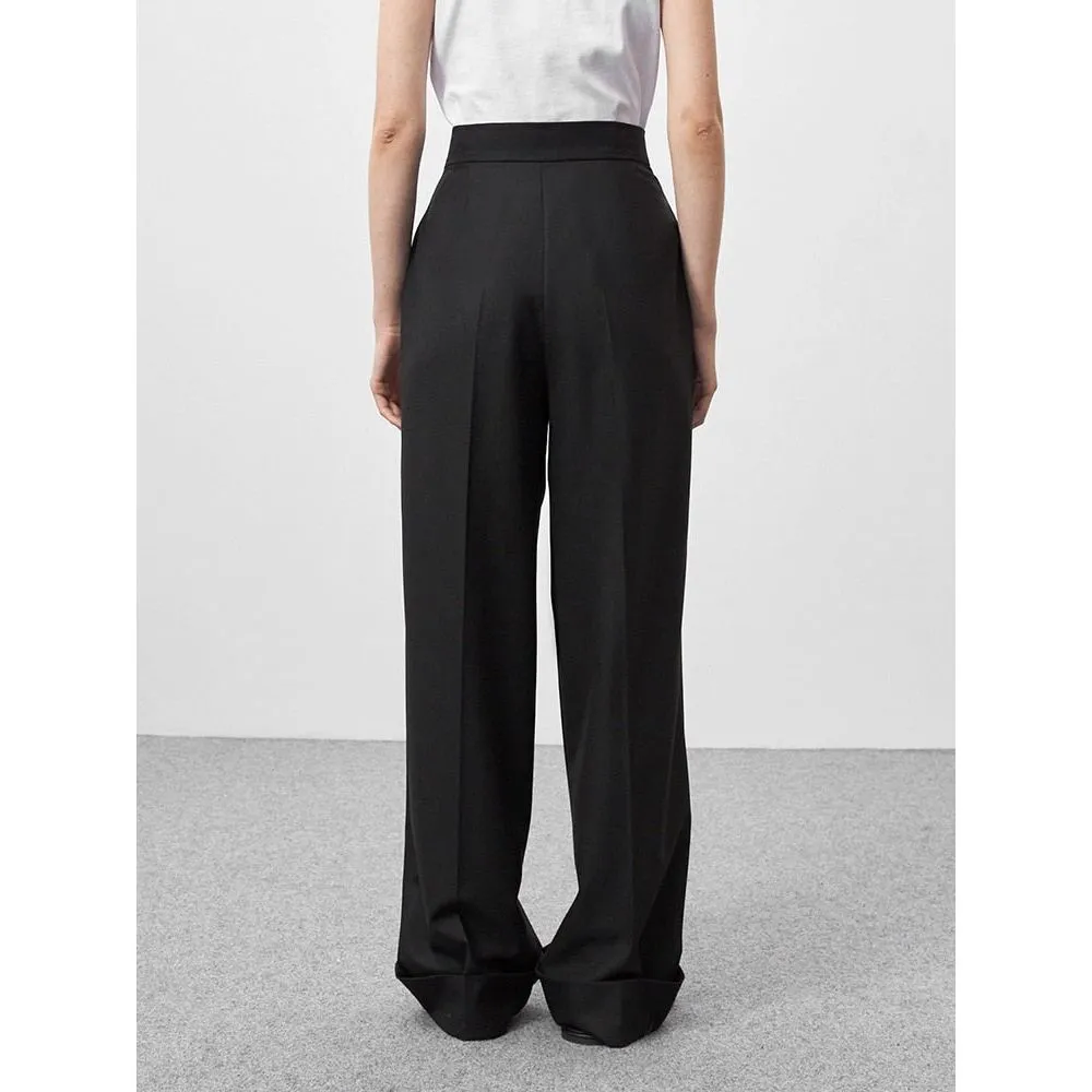 Spring Summer Black Women's Trousers High Waist Pleated Pants Pockets Wide Leg Pants Solid Colors