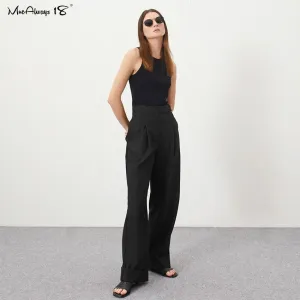 Spring Summer Black Women's Trousers High Waist Pleated Pants Pockets Wide Leg Pants Solid Colors
