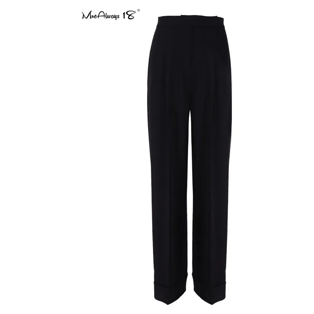 Spring Summer Black Women's Trousers High Waist Pleated Pants Pockets Wide Leg Pants Solid Colors