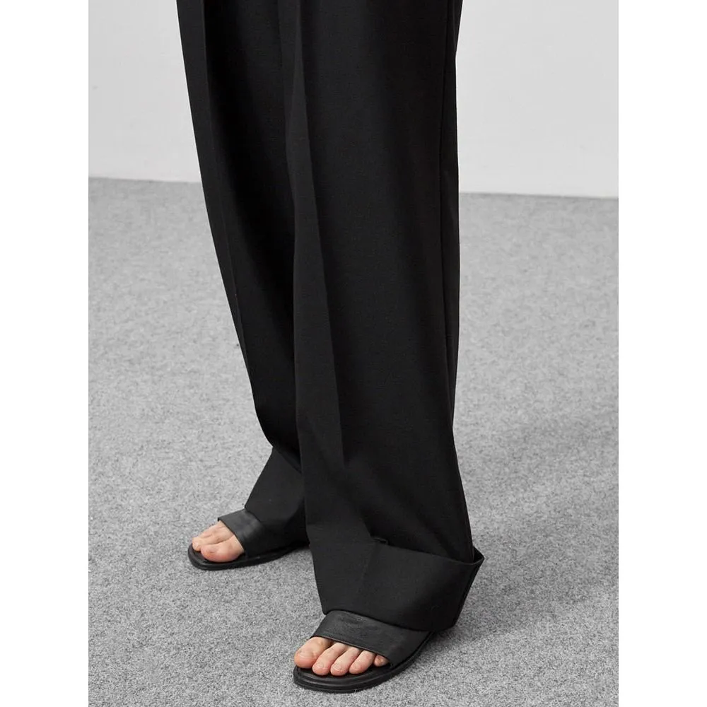 Spring Summer Black Women's Trousers High Waist Pleated Pants Pockets Wide Leg Pants Solid Colors