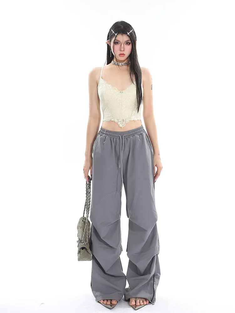 Stacia Solid Color High Waist Pleated Drawstring Straight Leg Parachute Crago Pants