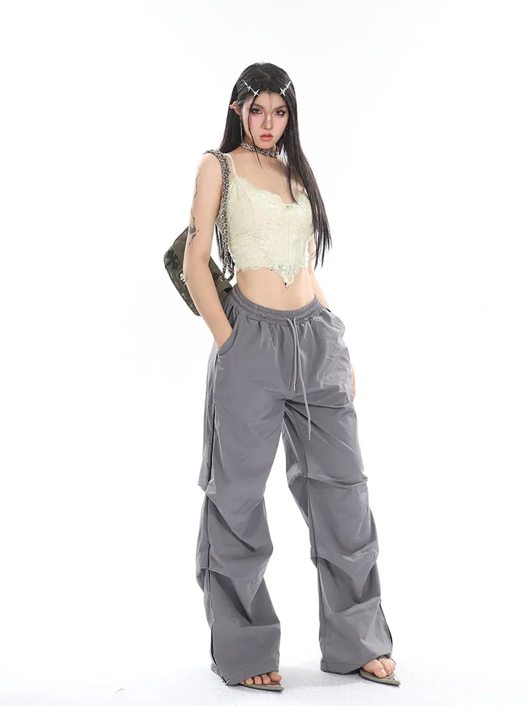 Stacia Solid Color High Waist Pleated Drawstring Straight Leg Parachute Crago Pants