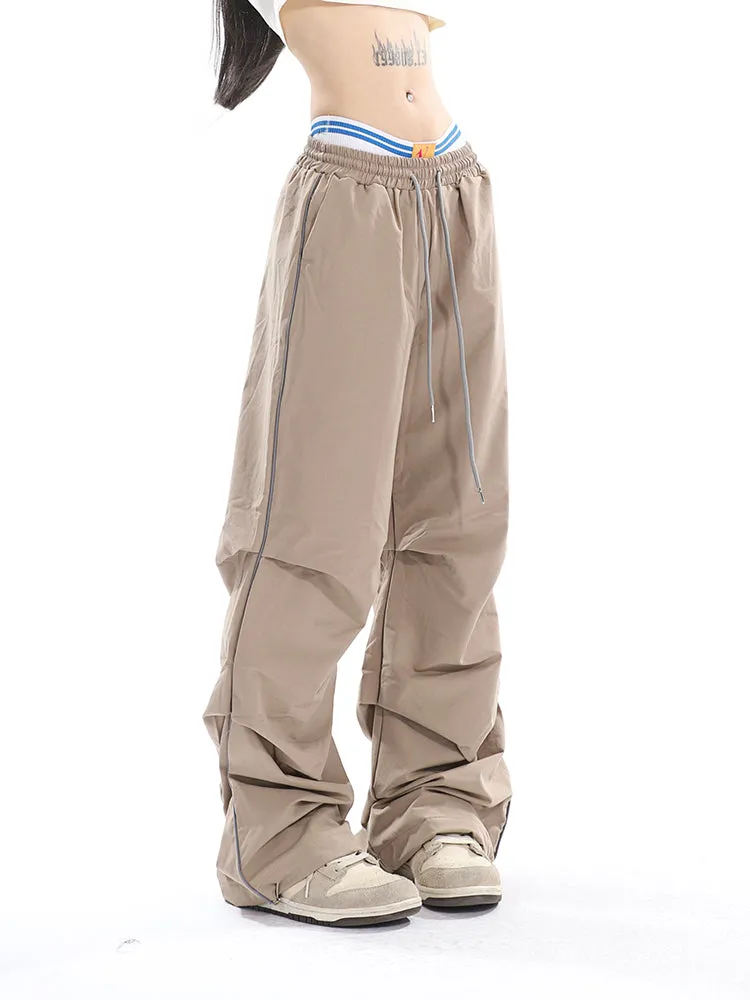 Stacia Solid Color High Waist Pleated Drawstring Straight Leg Parachute Crago Pants