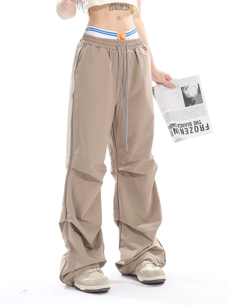 Stacia Solid Color High Waist Pleated Drawstring Straight Leg Parachute Crago Pants