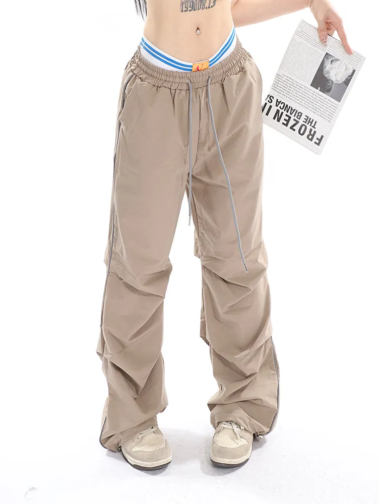 Stacia Solid Color High Waist Pleated Drawstring Straight Leg Parachute Crago Pants