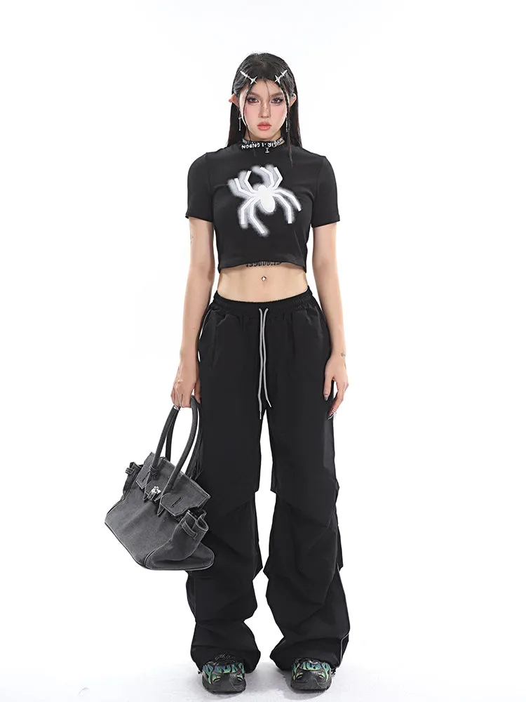 Stacia Solid Color High Waist Pleated Drawstring Straight Leg Parachute Crago Pants
