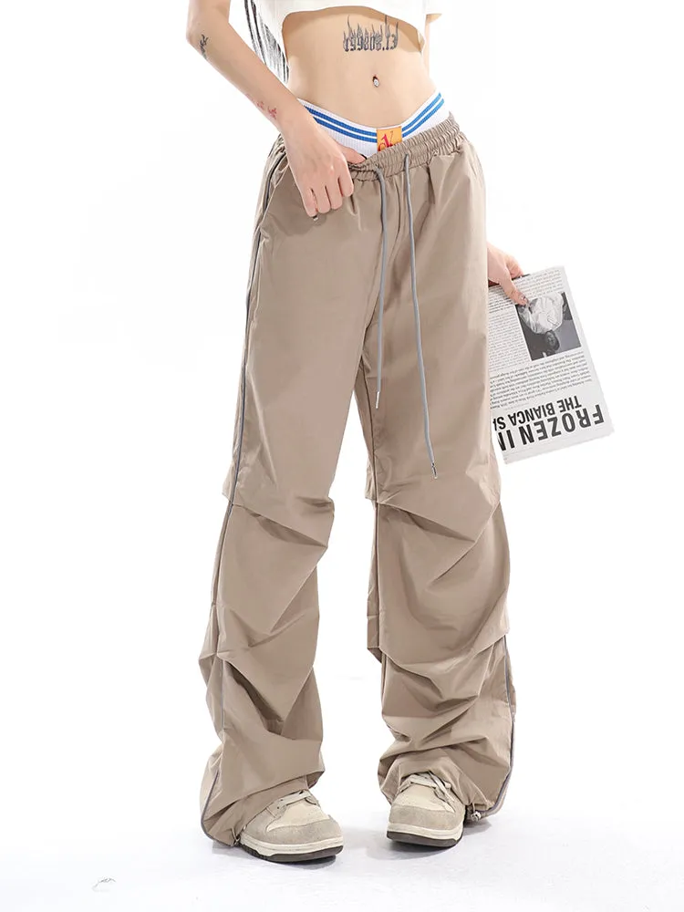 Stacia Solid Color High Waist Pleated Drawstring Straight Leg Parachute Crago Pants