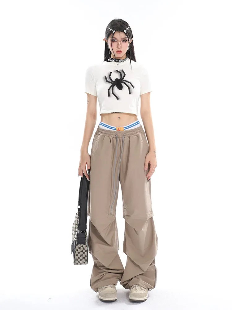 Stacia Solid Color High Waist Pleated Drawstring Straight Leg Parachute Crago Pants