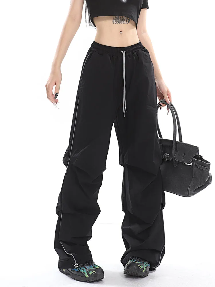 Stacia Solid Color High Waist Pleated Drawstring Straight Leg Parachute Crago Pants