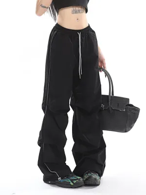 Stacia Solid Color High Waist Pleated Drawstring Straight Leg Parachute Crago Pants