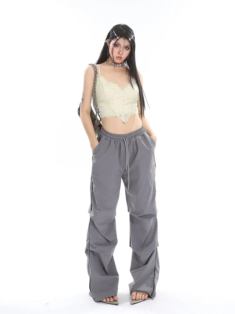 Stacia Solid Color High Waist Pleated Drawstring Straight Leg Parachute Crago Pants
