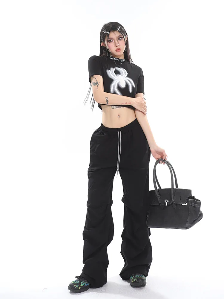 Stacia Solid Color High Waist Pleated Drawstring Straight Leg Parachute Crago Pants