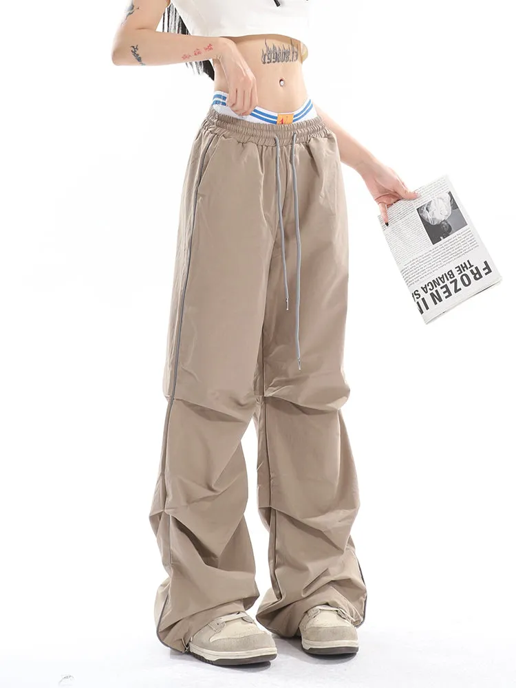 Stacia Solid Color High Waist Pleated Drawstring Straight Leg Parachute Crago Pants