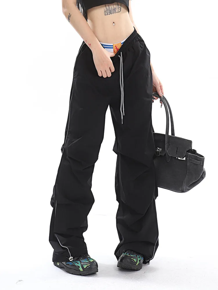 Stacia Solid Color High Waist Pleated Drawstring Straight Leg Parachute Crago Pants