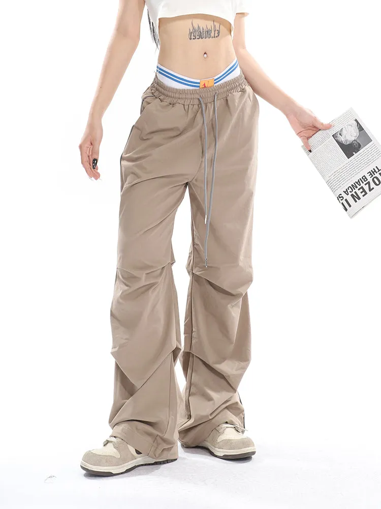 Stacia Solid Color High Waist Pleated Drawstring Straight Leg Parachute Crago Pants