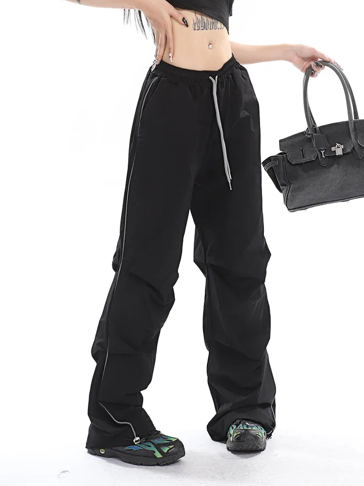 Stacia Solid Color High Waist Pleated Drawstring Straight Leg Parachute Crago Pants
