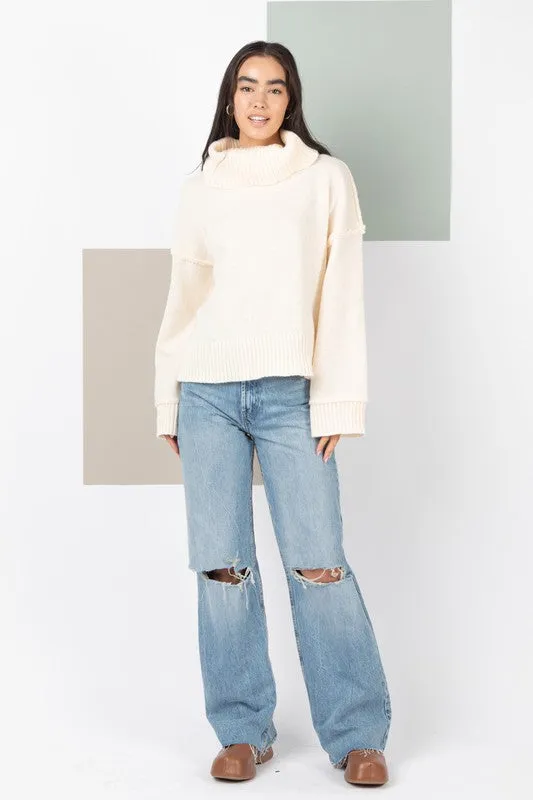 Turtleneck Solid Cozy Sweater Top - Cream