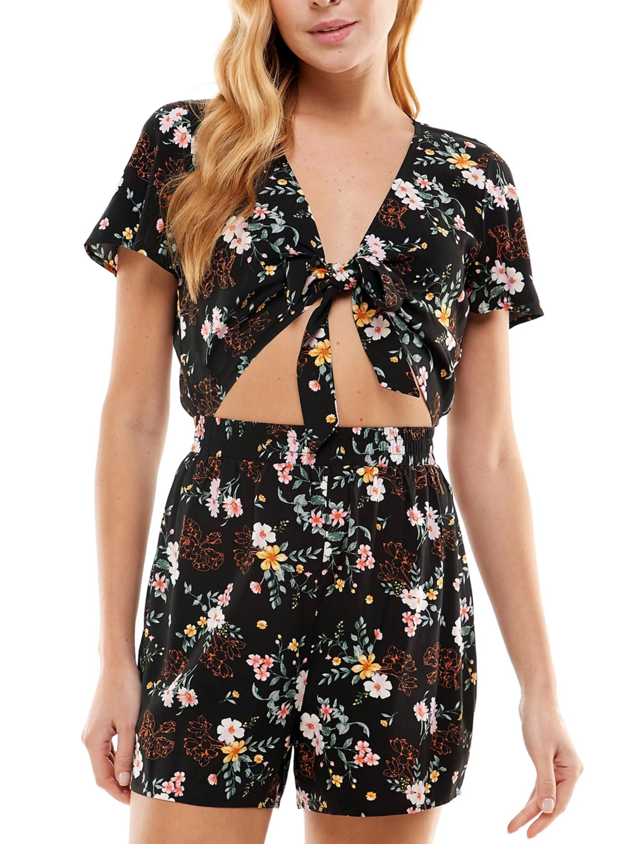 Women's Floral Printed Front Tie Romper,Black
