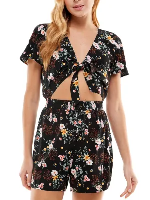 Women's Floral Printed Front Tie Romper,Black